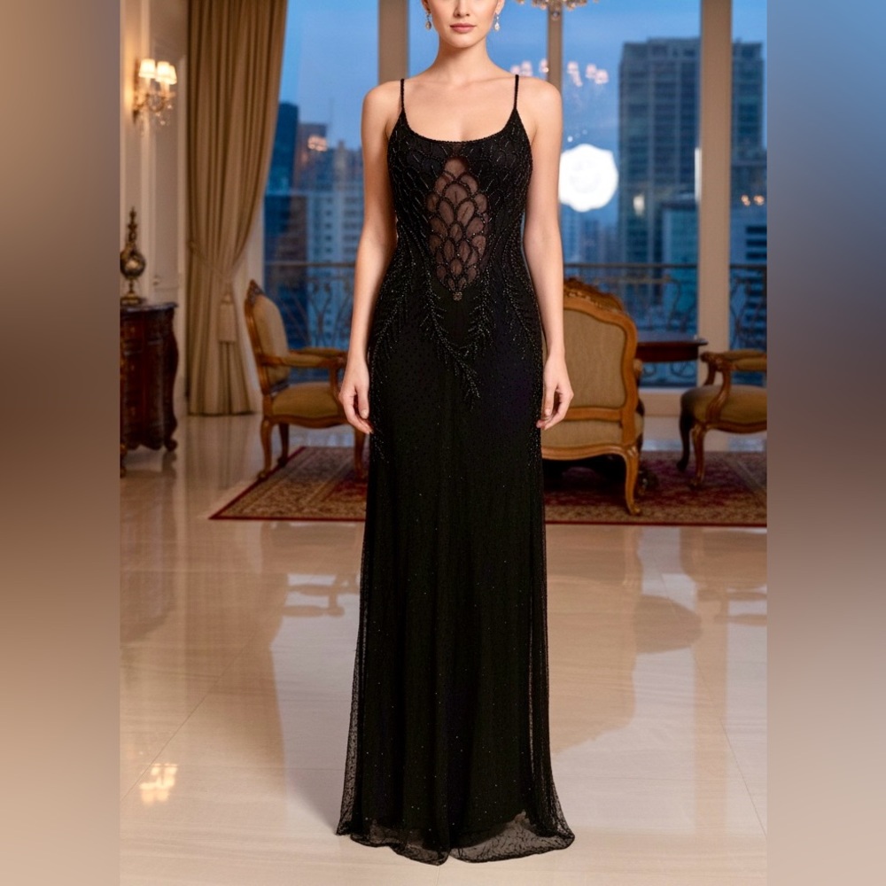 Chic Backless Evening Dress in‎ Black hand, beaded elegance.